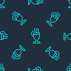 Green line Mulled wine with glass of drink and ingredients icon isolated seamless pattern on blue background. Cinnamon stick, clove, lemon slice. Vector