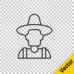 Black line Farmer in the hat icon isolated on transparent background. Vector