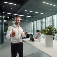 Positive Workplace: Man in Office Giving Thumbs Up