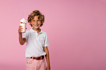 Smiling Boy with Milkshake in White Polo