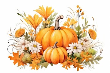 Naklejka premium A colorful pumpkin painting surrounded by vibrant flowers
