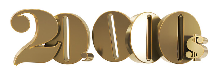 3D render of gold 20 thousand or twenty thousand dollars on transparent background, gold twenty thousand dollar