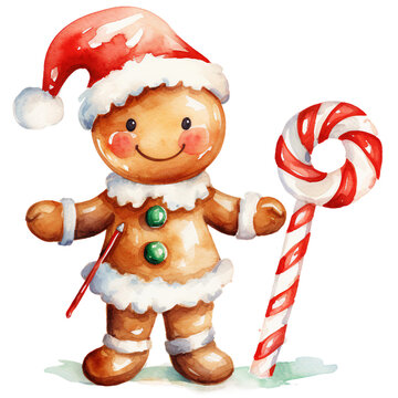 christmas gingerbread man cookies with santa hat and candy, watercolor clipart isolated