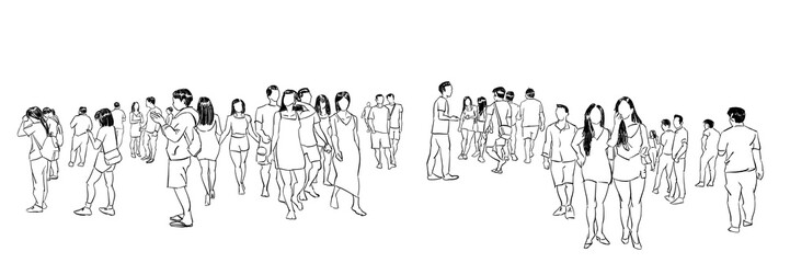 crowd walking in urban landscape digital sketch isolated on white background