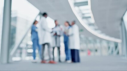 Teamwork blur, group or doctors in meeting for hospital planning or discussion for collaboration. Community, help or nurses talking or speaking of healthcare research, report data or emergency news - Powered by Adobe