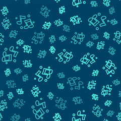 Green line Music note, tone icon isolated seamless pattern on blue background. Vector