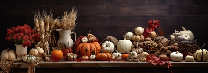 A vibrant autumn display of pumpkins and gourds on a rustic table