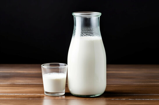Milk in a glass bottle and a glass on a wooden table.Healthy vegan milk concept.
Plant based milk concept.
Lactose free,organic healthy milk concept.