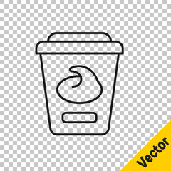 Black line Yogurt container icon isolated on transparent background. Yogurt in plastic cup. Vector