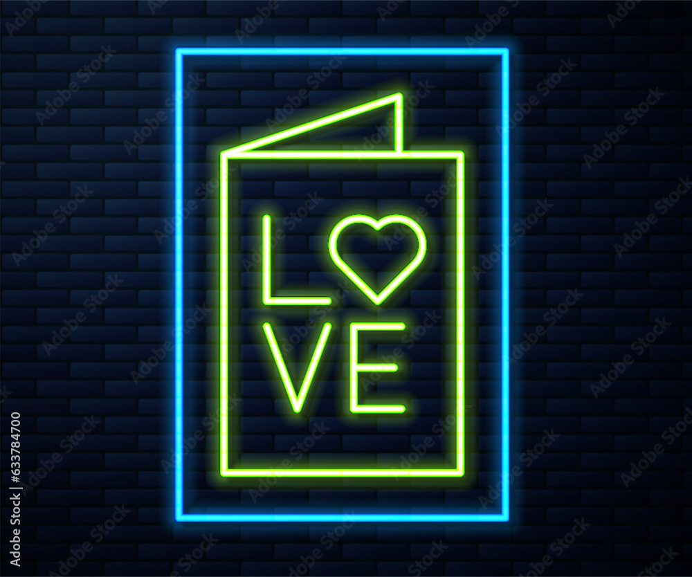 Wall mural glowing neon line valentines day party flyer icon isolated on brick wall background. celebration pos