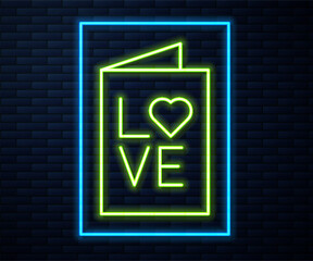 Glowing neon line Valentines day party flyer icon isolated on brick wall background. Celebration poster template for invitation or greeting card. Vector