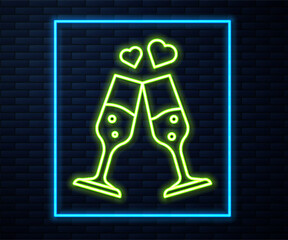 Glowing neon line Glass of champagne icon isolated on brick wall background. Happy Valentines day. Vector