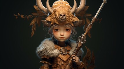 a little girl with antlers holding a sword in the styl.Generative AI