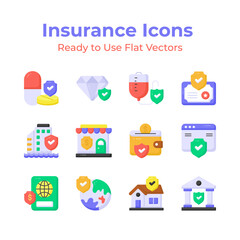 Get your hold on this visually appealing insurance icons set, security, protection, assurance and safety vectors, premium design