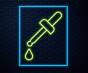 Glowing neon line Pipette icon isolated on brick wall background. Element of medical, chemistry lab equipment. Medicine symbol. Vector