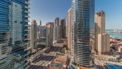 Fototapeta na wymiar Panoramic view of the Dubai Marina and JBR area and the famous Ferris Wheel aerial timelapse