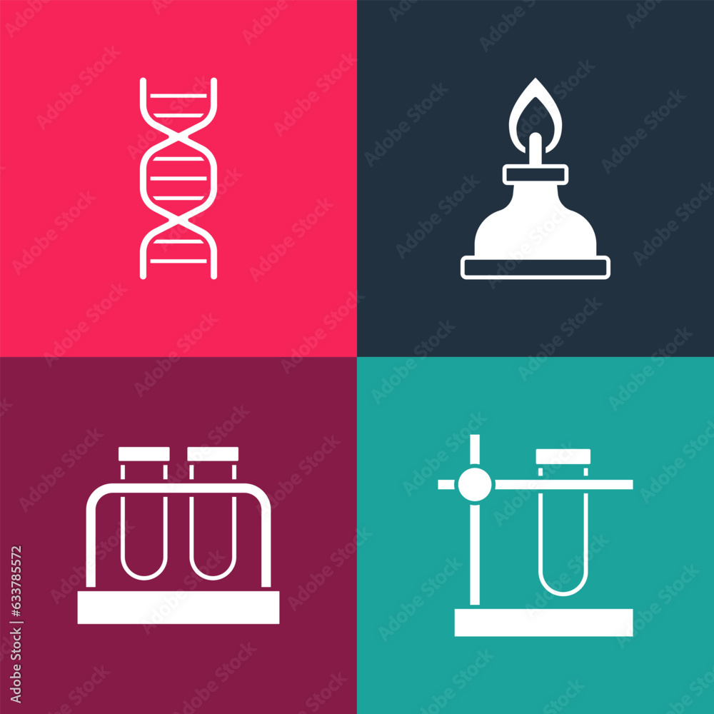 Poster Set pop art Test tube flask on stand, , Alcohol or spirit burner and DNA symbol icon. Vector