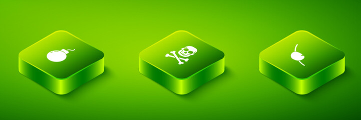 Set Isometric Skull on crossbones, Pirate eye patch and Bomb ready to explode icon. Vector