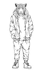 Fototapeta na wymiar Portrait of Leopard dressed in a jacket and trousers. Hand-drawn illustration. Vector
