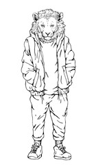 Portrait of Lion dressed in a jacket and trousers. Hand-drawn illustration. Vector