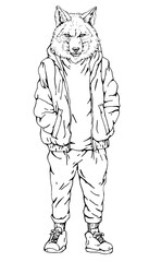 Portrait of Wolf dressed in a jacket and trousers. Hand-drawn illustration. Vector