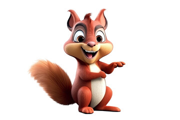 cartoon character funny squirrel pointing fingers at a copy space on a white isolated background. Generative AI illustration