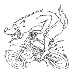 coloring illustration of cartoon hyena supermoto biker