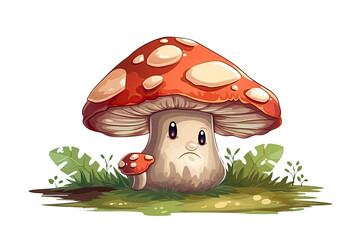 cartoon character cute funny mushroom fly agaric amanita toadstool on a white isolated background. Generative AI illustration