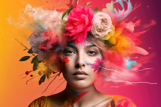 Colorful Floral Makeup and Hairstyles Portrait of Woman © Schizarty