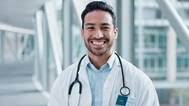 Happy Asian Man, Doctor And Tablet In Healthcare Or Medical Research In The Hospital Building. Portrait Of Male Person Or Medic Professional Smile With Technology In Telehealth, Online Advice Or Help