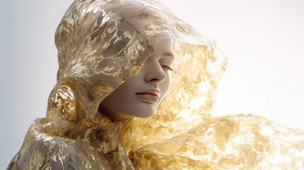 A sensual woman covered in a sheer fabric with a golden floral pattern. Portrait of a beautiful girl in an elegant embroidered cape with a hood. Fashionable style. Illustration for varied design.