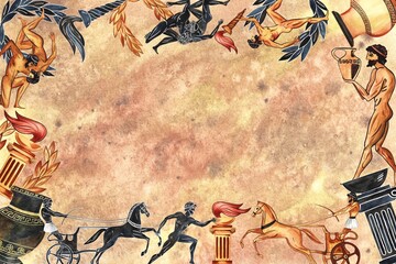 Frame with ancient Greek Olympic elements and athletes. In the style of ancient Greek vase painting. Watercolor hand drawn illustration. On a textured background. For postcards, prints and posters.