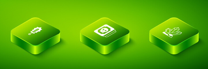 Set Isometric Tarot cards, Magic stone and sword in fire icon. Vector