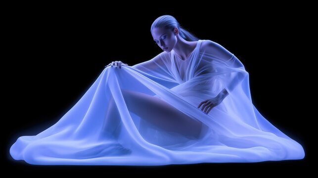 Sensual woman covered with transparent cloth. Pretty girl under veil. Sexy fashion model sitting under organza. Mysterious night. Illustration for cover, card, postcard, interior design, decor, print.