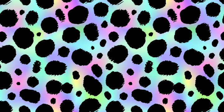 Trendy Neon Leopard pattern horizontal background. Vector rainbow wild animal leo skin, gradient cheetah texture with black spots on holographic background for fashion print design, wallpapers