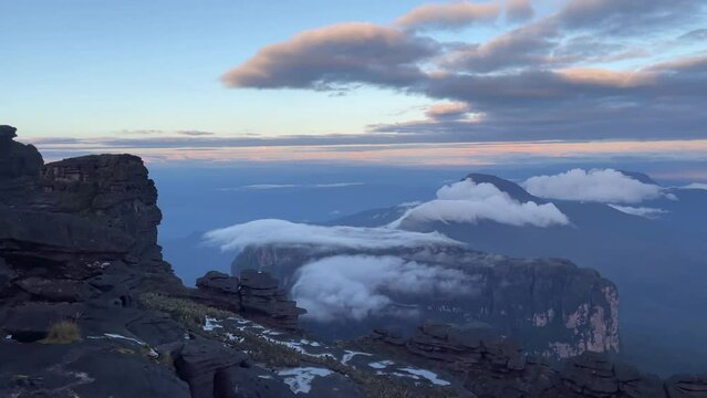 Panorama from top of Tepuy Mount Roraima stunning views of plateau and table-top mountains in clouds, Venezuela, Canaima National Park, South America