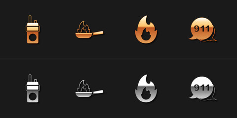 Set Walkie talkie, Pan with fire, Fire flame and Emergency call 911 icon. Vector