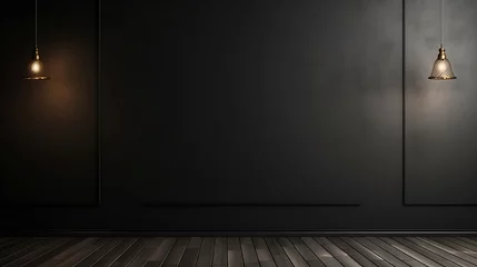 Foto op Plexiglas Modern Room interior with black walls and wooden flooring - dark black cement plaster interior with warm lights hanging with copy space © Chamli_Pr