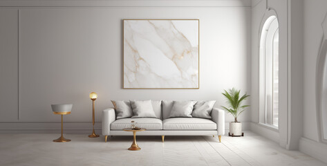 Fototapeta na wymiar White sofa with white cushions against of white wall with art poster. Scandinavian style interior design of modern living room. Created with generative AI