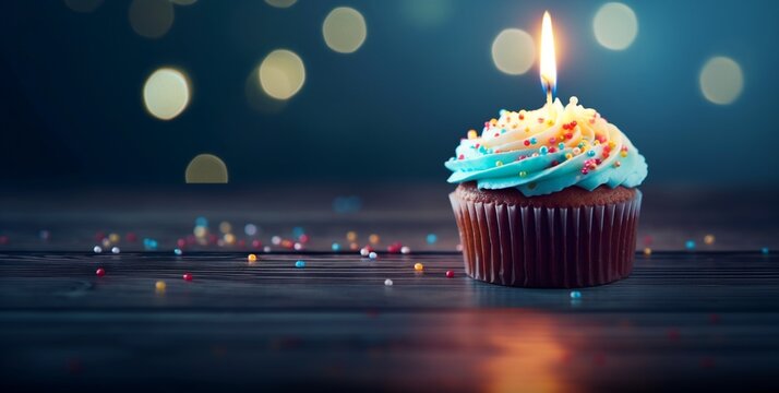 Cupcake with a lighted birthday candle on wooden background, extra wide.