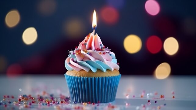 Cupcake with a lighted birthday candle on wooden background, extra wide.