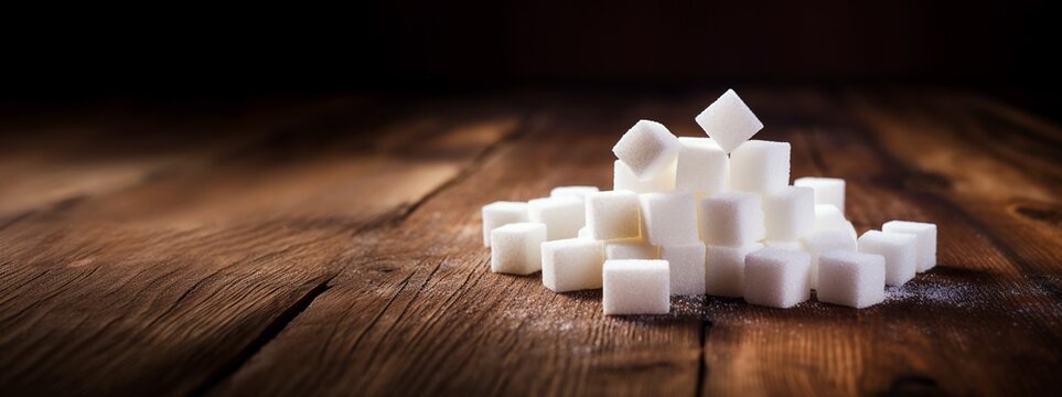 Pile of sugar cubes on wooden background with copy space, extra wide.