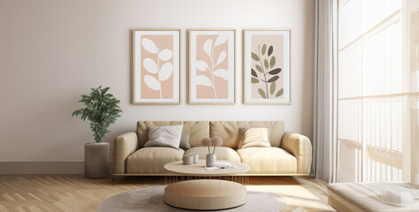 Fototapeta na wymiar Cozy sofa against marble stone wall. Interior design of modern living room. Created with generative AI