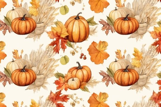 A festive autumn pattern featuring pumpkins and leaves on a clean white background