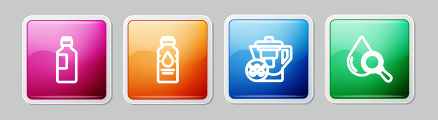 Set line Bottle of water, , Water jug with filter and Drop and magnifying glass. Colorful square button. Vector