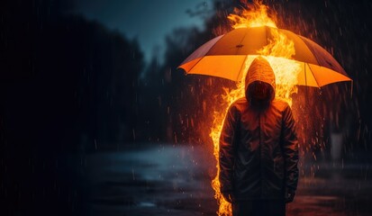 Bipolar disorder, mental health problems. A man with an umbrella burns blazing in the fire stands in the rain