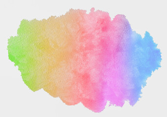 Colorful watercolor background of abstract sunset sky with puffy clouds in bright rainbow colors of pink green blue yellow and purple. Abstract painting banner for web and composition