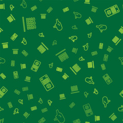 Set line Cinema auditorium with seats, Remote control and Retro cinema camera on seamless pattern. Vector