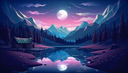Moonlight mountain scene, house beside a lake. 