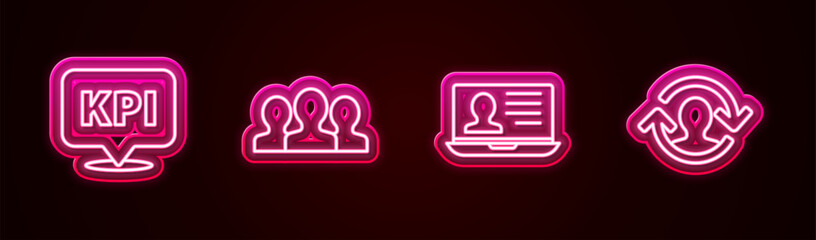 Set line Key performance indicator, Users group, Laptop with resume and Human resources. Glowing neon icon. Vector